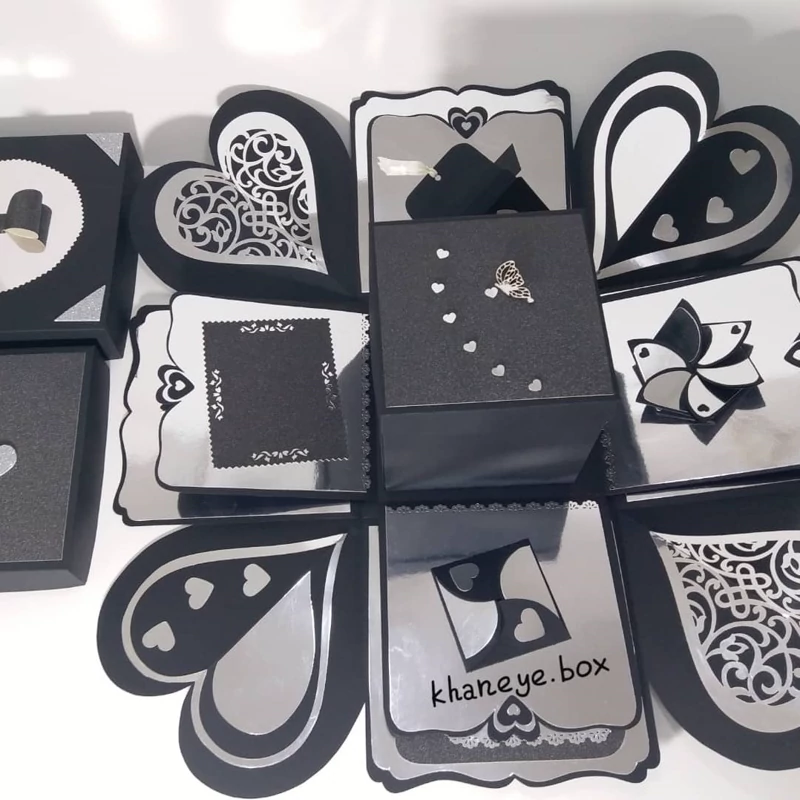 جعبه سوپرایز مشکی نقره ای دولایه به همراه ساک ستش